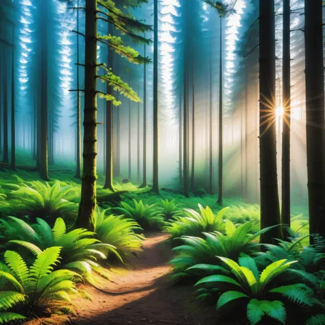 a forest with a path and ferns in the foreground