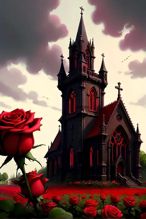 there is a large red rose in front of a church