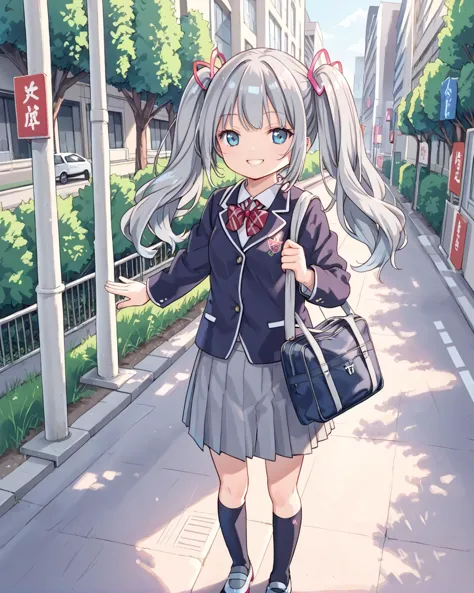 1girl, solo, grey hair, smile, long hair, twintails,
street, outdoors, tokyo, intersection,
school uniform,
standing, school bag...