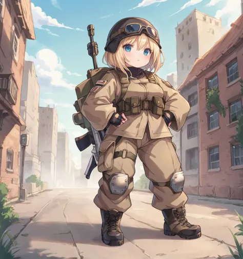 score_9,score_8,score_7_up,, cute slutty girl, gigantic tall girl, standing city, soldier