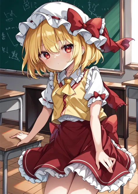 score_9, score_8_up, score_7_up,
1girl, solo, raytracing, classroom, 
<lora:ClearHand-V2:2>, nice hands, perfect hands,
<lora:Flandre_Scarlet:1> ,small_breasts, short_hair, blonde_hair, red_eyes, bangs, hair_between_eyes, mob_cap, white_headwear, hat_bow, red_skirt, yellow_ascot, red_vest, red_bow, frills, white_shirt, puffy_short_sleeves, frilled_skirt