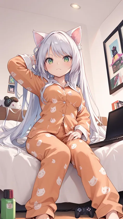 anime character sitting on a bed with a laptop and a cat