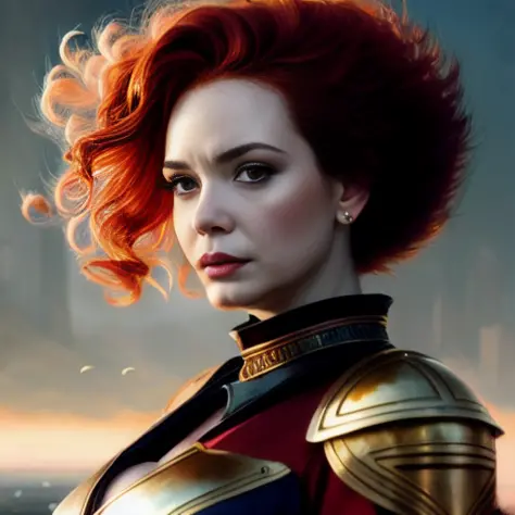 gorgeous (christina hendricks:1.3) flames in hair, fiery hair, fire meshes, cosmic energy, robotic, (extremely detailed CG unity...