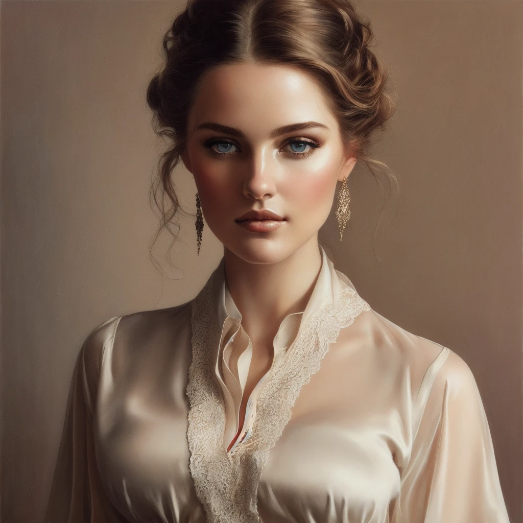 Brooke Shields,FEMININE,((PERFECT FACE)),((SEXY FACE)),((DETAILED PUPILS)).ROLF ARMSTRON,TOM BAGSHAW. OIL PAINTING. (((LARGE BREAST)),((TONED ABS)),(THICK THIGH).EVOCATIVE POSE, SMIRK,LOOK AT VIEWER, ((BLOUSE)).(INTRICATE),(HIGH DETAIL),SHARP