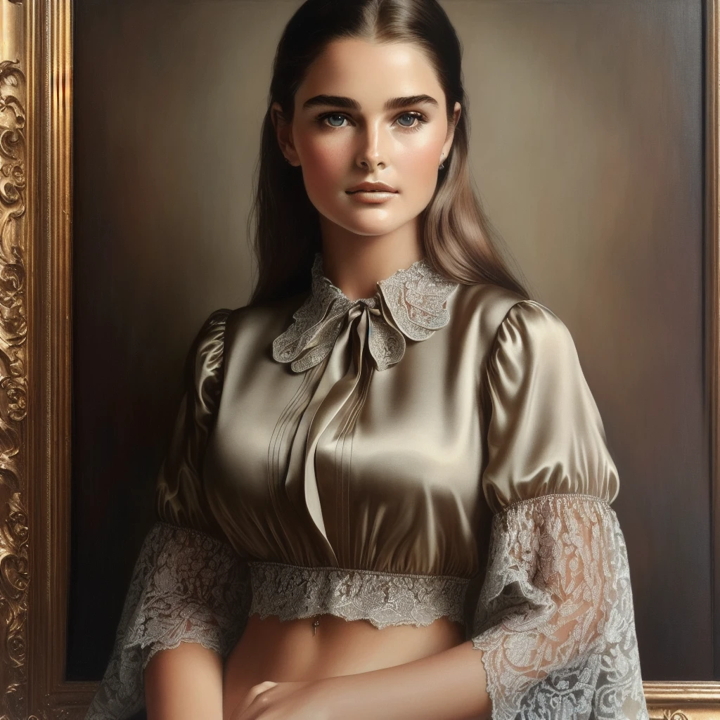 young 18 year old Brooke Shields,FEMININE,((PERFECT FACE)),((SEXY FACE)),((DETAILED PUPILS)).ROLF ARMSTRON,TOM BAGSHAW. OIL PAINTING. (((LARGE BREAST)),((TONED ABS)),(THICK THIGH).EVOCATIVE POSE, SMIRK,LOOK AT VIEWER, ((BLOUSE)).(INTRICATE),(HIGH DETAIL),SHARP