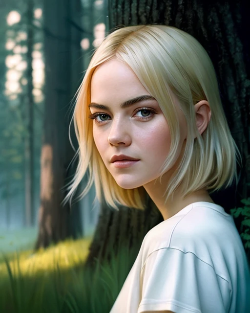 ((movie still, film grain, upperbody shot)), (extremely detailed CG unity 8k wallpaper), full shot body photo of the most beautiful artwork in the world, cute seductive tatar-kazakh young woman, Emma Stone, Emma Watson in ((white big oversized t-shirt)), ((detailed face features, blended (blonde) high low bob hair, seductive smile)), dark lighting, professional oil painting by Ed Blinkey, Atey Ghailan, Studio Ghibli, by Jeremy Mann, Greg Manchess, Antonio Moro, trending on ArtStation, trending on CGSociety, Intricate, High Detail, Sharp focus, dramatic, photorealistic painting art by midjourney and greg rutkowski, tundra, pine forest, river, crags