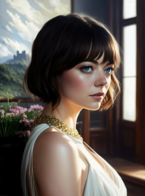modelshoot style, (extremely detailed CG unity 8k wallpaper), full shot body photo of the most beautiful artwork in the world, emma stone in a dress, professional majestic oil painting by Ed Blinkey, Atey Ghailan, Studio Ghibli, by Jeremy Mann, Greg Manchess, Antonio Moro, trending on ArtStation, trending on CGSociety, Intricate, High Detail, Sharp focus, dramatic, photorealistic painting art by midjourney and greg rutkowski