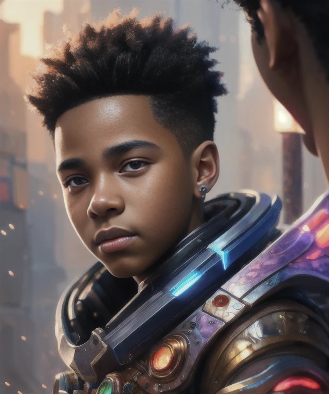 (extremely detailed photo 8k), full body shot photo of the most beautiful artwork in the world, 14 year old African American boy, (wearing casual colorful futuristic clothing), cinematic lighting, very detailed face and eyes, (elaborate  sci fi fantasy interior background), high-quality photo, photorealistic painting by Atey Ghailan, Studio Ghibli, by Jeremy Mann, Greg Manchess, Antonio Moro, trending on ArtStation, trending on CGSociety, Intricate, High Detail, Sharp focus, dramatic, photorealistic painting art by midjourney and greg rutkowski