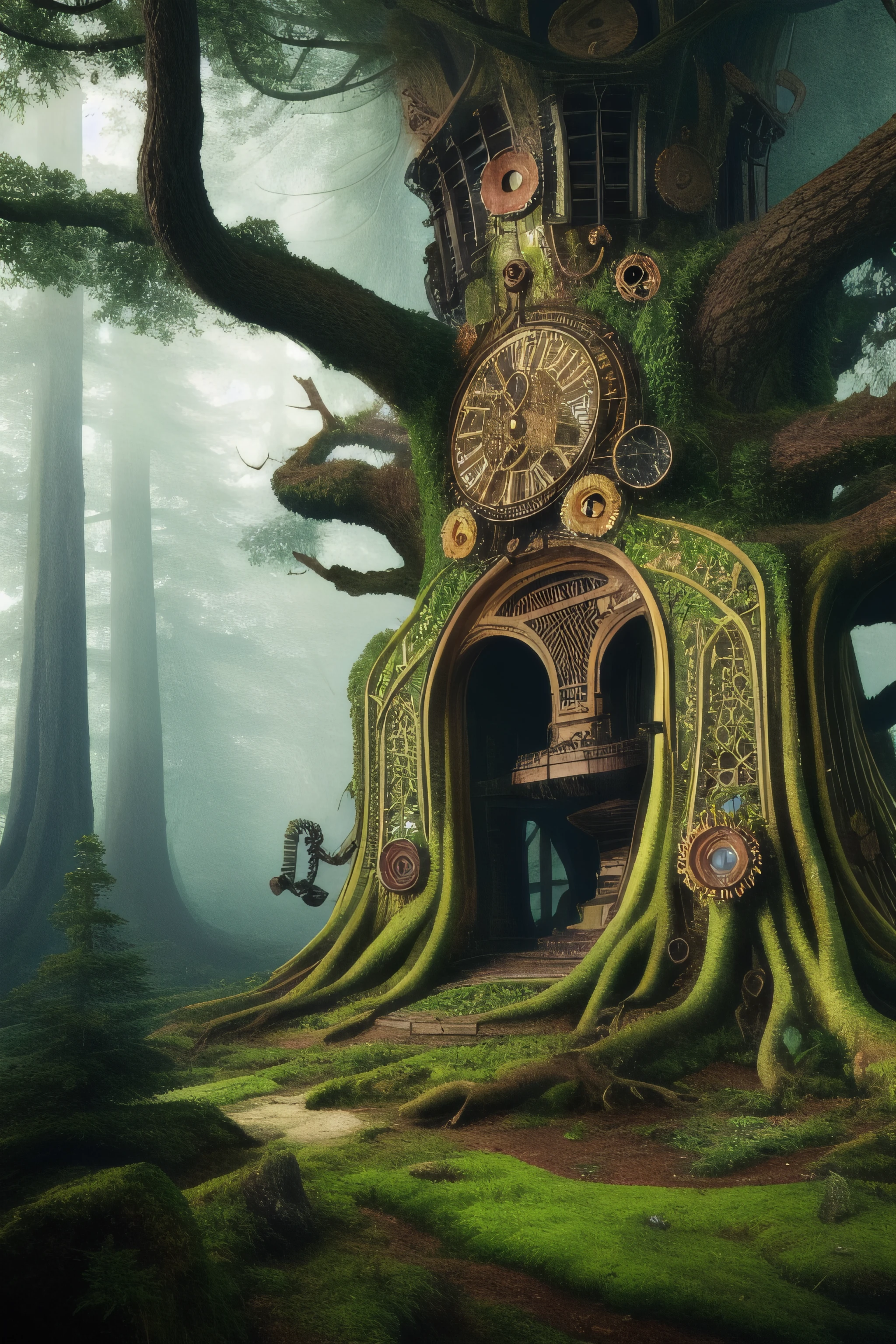 Yggdrasil imaginado como un steampunk que se eleva sobre un bosque, rodeado de bosque, Intrincado, detallado, colores vívidos, Híper realista, Tiro medio, estilo artístico de Julie Bell, Obra maestra
