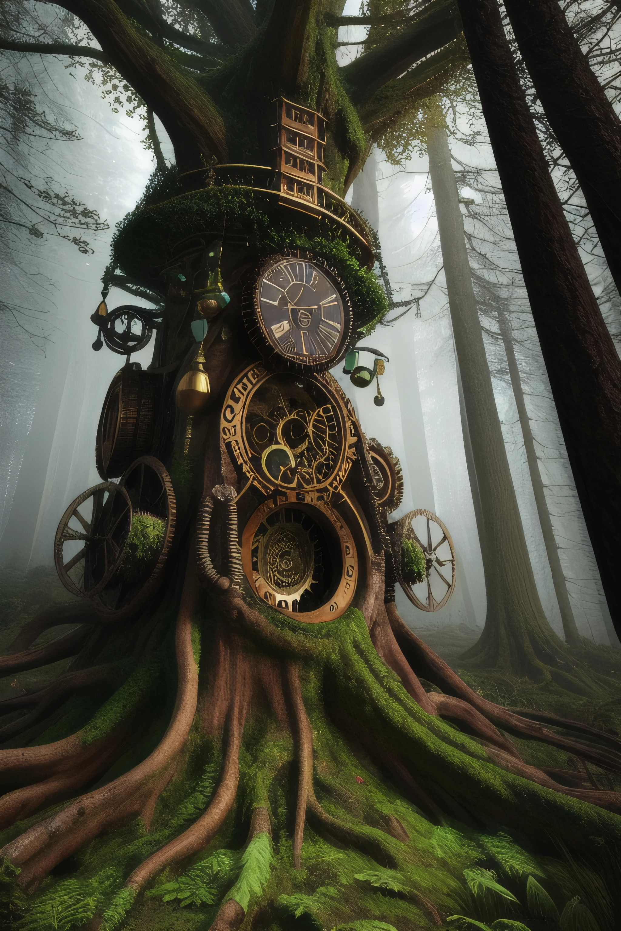 Yggdrasil imagined as steampunk towering a forrest, surrounded by forrest, intricate, detailed, vivid colors, hyper realistic, medium shot, octane 3D, Masterpiece