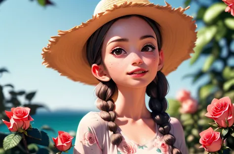 a close up of a girl with a straw hat and flowers