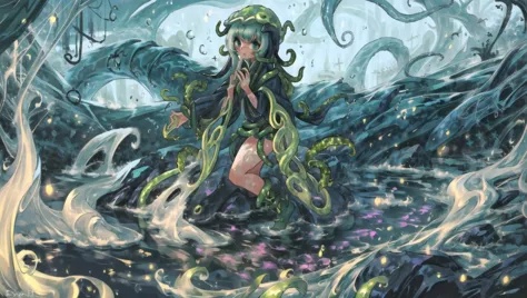 (solo, 1girl:1.5) lovecraftian, green tentacle hair, tentacle legs, scylla, <lora:UnstableWaifusion:1.0>, eldritch, monster girl...