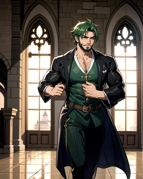 ((masterpiece), best quality, high quality, professional quality, highly detailed, highres, perfect lighting, natural lighting), (1boy, muscular, handsome, facial hair, short hair, green hair), wearing wizard robes, running, in a castle