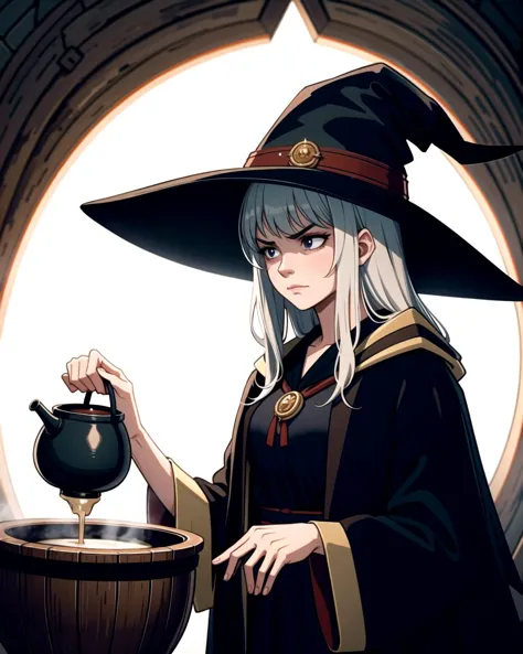 ((masterpiece), best quality, high quality, professional quality, highly detailed, highres, perfect lighting, natural lighting), beautiful witch, wearing robes, cacklingfrowning}, brewing over a cauldron