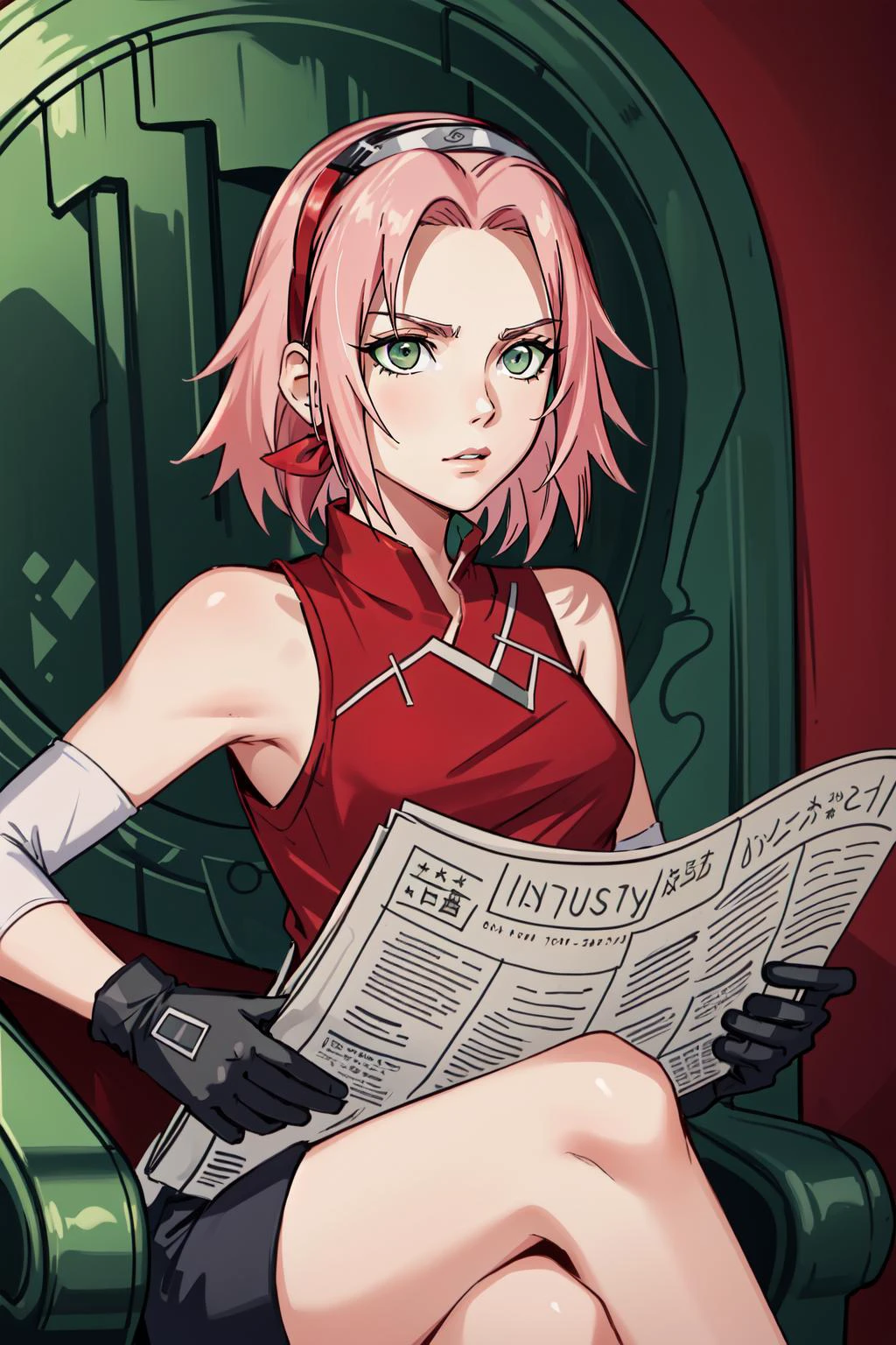 (Meisterwerk, beste Qualität), komplizierte Details,
(1 Mädchen), Allein, sakura haruno, (grüne Augen:1.5), hairband, kurzes Haar, pinkes Haar, (kleine Brust:1.2),, nackten Schultern, black Handschuhe, Stirnschutz, Handschuhe, Konohagakure-Symbol, Ninja, (red Hemd:1.5), Hemd, Ärmellos, Ärmellos Hemd,
 TomLiestDieZeitung,