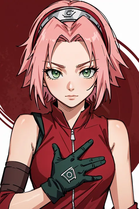 a close up of a person with pink hair and gloves