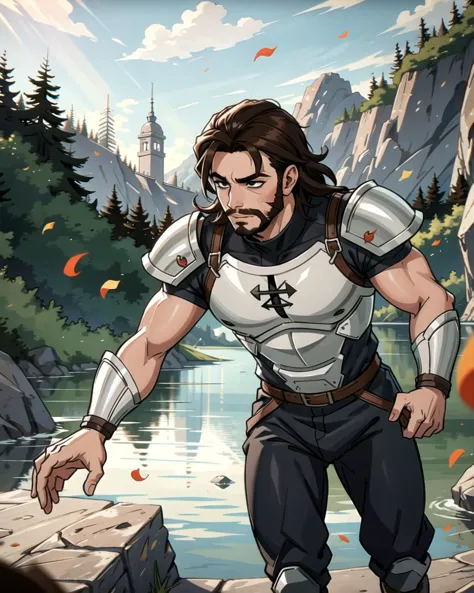 ((masterpiece), best quality, high quality, professional quality, highly detailed, highres, perfect lighting, natural lighting), (1boy, slender, handsome, facial hair, medium length hair, brown hair), wearing armor, running, by a lake