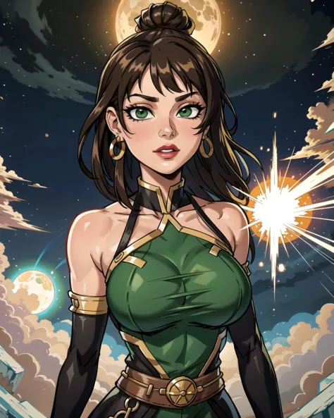 ((masterpiece), best quality, high quality, professional quality, highly detailed, highres, perfect lighting, natural lighting), Create a magnificent, ultra-detailed illustration, Goddess of the hunt, dressed in a hunter's garb with a bow and arrow, Female Warrior, Short, in shape, Round Face, Olive Skin, Light Brown Hair, green Eyes, [[Curved Nose]], Thick Lips, Round Chin, Long Hair, Straight Hair, Low Messy Bun, large breasts, Stud earrings, golden metallic lipstick, Digital Art, illuminated, Enchanted, Disintegration,extraterrestrial, terrifying biomechanical creature, A world with unpredictable gravity fluctuations, leading to floating islands and erratic weather patterns., Ice Planet, dragon, unicorn,Appareled, Miss, Tall, Fit, Oval Face, Olive Skin, Light Brown Hair, black Eyes, Straight Nose, Thin Lips, Prominent Chin, Shoulder-Length Hair, Thick Hair, Blunt Cut Bangs, full breasts, Faux gauge earrings, green matte lipstick, A rare celestial alignment, with multiple planets or moons perfectly aligned in the field of view, The explosion detonates with a brilliant burst of light, illuminating the darkened sky