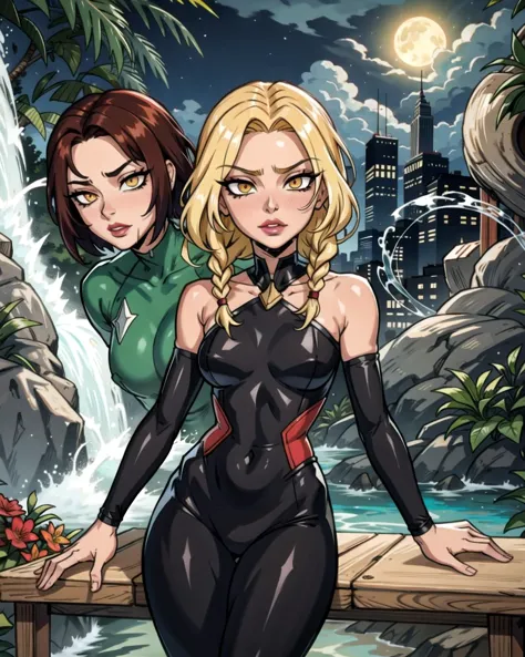 a cartoon of two women in black catsuits standing on a bridge