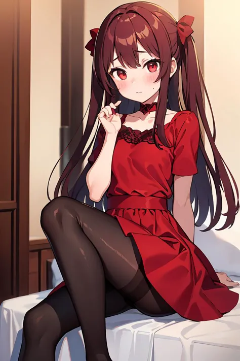 (masterpiece, best quality), 1girl, red dress, pantyhose, cute face, blush,