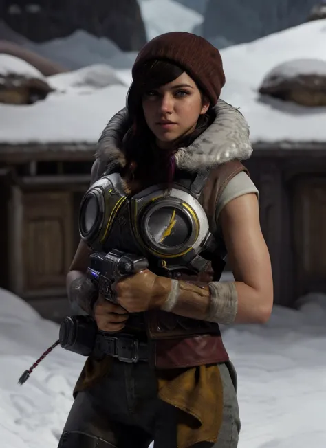 photorealistic portrait of Kait Diaz, maroon beanie, yellow half skirt, gears of war light armor, gears of war snow armor with f...