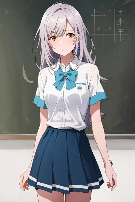 ((beste Qualität, gute Qualität, Meisterwerk, highres)), Hitomi Tsukishiro, 1 Mädchen, Allein, Schule uniform, weißes Hemd, blauer Rock, Betrachter betrachten, Schmuck, Klassenzimmer, Schule, 