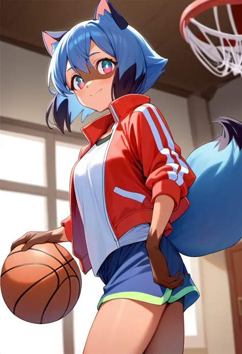 score_8_up, 1girl, kagemori michiru, blue shorts, red jacket, white shirt, holding basketball, indoors, depth of field,