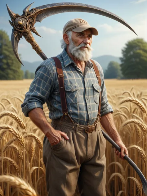 picture of wise old farmer man tired beard  cap plaid shirt pants with suspenders holding Scythe <lora:XL_Weapon_Scythe_-_By_HailoKnight_V2:0.8> in Wheat field Summer day