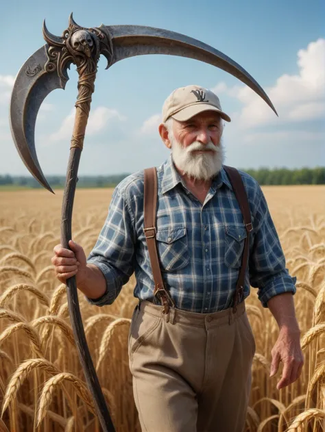 picture of wise old farmer man tired beard  cap plaid shirt pants with suspenders holding Scythe in Wheat field Summer day  <lor...