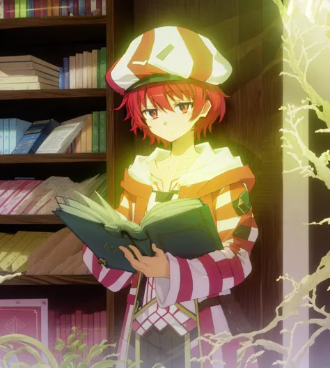 anime girl in a library reading a book with a hat on