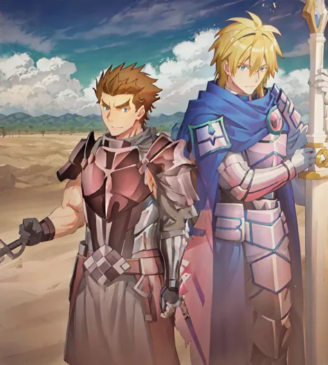 two anime characters standing next to each other in a desert