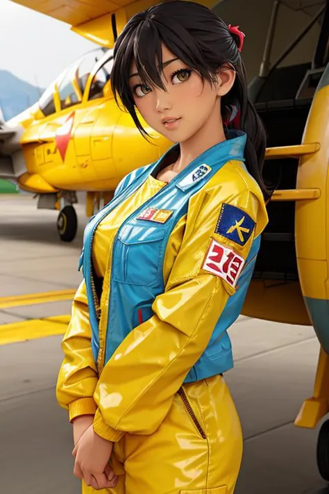 a close up of a woman in a yellow jacket standing in front of a plane