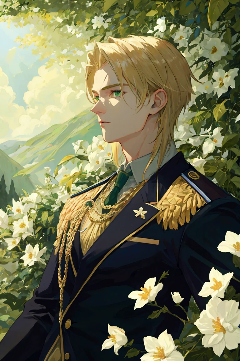 ((masterpiece:1.2, best quality)), 1man, adult, mature, tall muscular guy, very short blonde hair, green eyes, (handsome:1.4), suit, fantasy, uniform, royal, Forest, flowers blooming, Sunlight, best light and shadow, Scenery, extremely detailed face, portrait