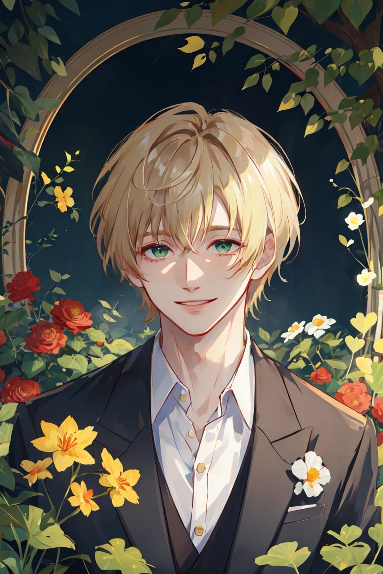 ((masterpiece:1.2, best quality)), 4k, adult, 1man, male, royal, nobleman, very tall, bangs, short straight blonde hair, green eyes, smile, face, portrait, suit, garden