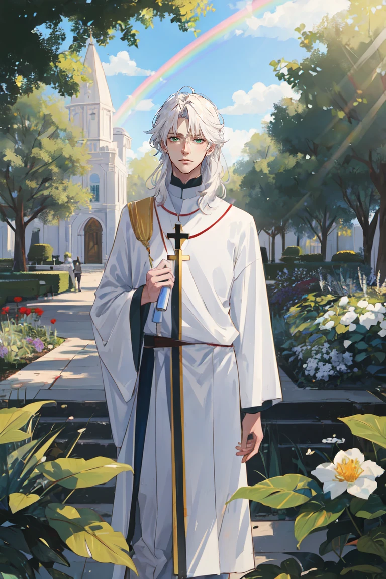 ((masterpiece:1.2, best quality)), 4k, adult, 1man, male, mature, aged up, handsome, verytall, muscles, broad shoulders, long white hair, green eyes, saint, holy, priest