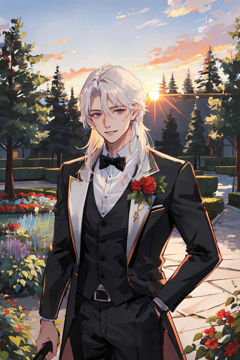 ((masterpiece:1.2, best quality)), 4k, adult, 1man, male, mature, aged up, handsome, verytall, muscles, broad shoulders, long white hair, purple eyes, portrait, sunset, garden, smile