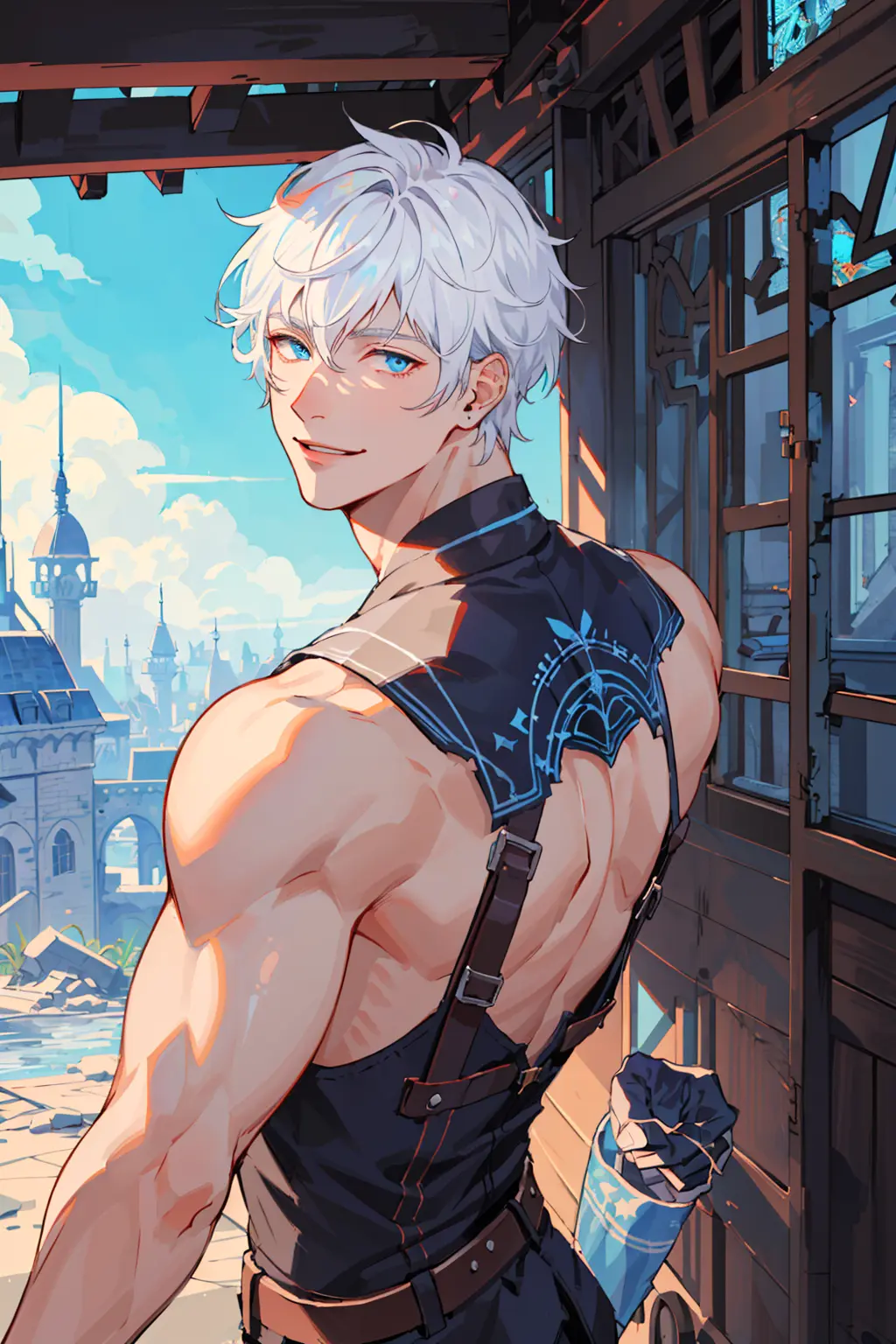 masterpiece, best quality, 1boy, solo, extremely detailed male character, highly detailed fantasy adventure outfit, male focus, muscular male, white hair, looking at viewer, smile, blue eyes, short hair, intricate, abandoned architecture, illustration 