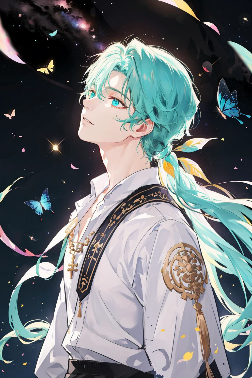 masterpiece, best quality, 1 male, adult, handsome, tall muscular guy, broad shoulders, finely detailed eyes and detailed face, extremely detailed CG unity 8k wallpaper, intricate details, pastel rainbow hair, aqua eyes, from side, space, galaxy, milky way, starry sky, glitter, astrology, broken glass, rainbow light, swirling wind, extremely detailed face, Shining white particles, rainbow-colored butterfly, depth of field