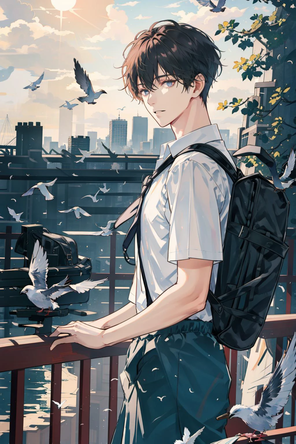 masterpiece, best quality, 1boy, male focus, handsome, residential area, fence, spindle trees, afternoon sun, the way home from school, , backpack, flock of birds, from directly side, depth of field