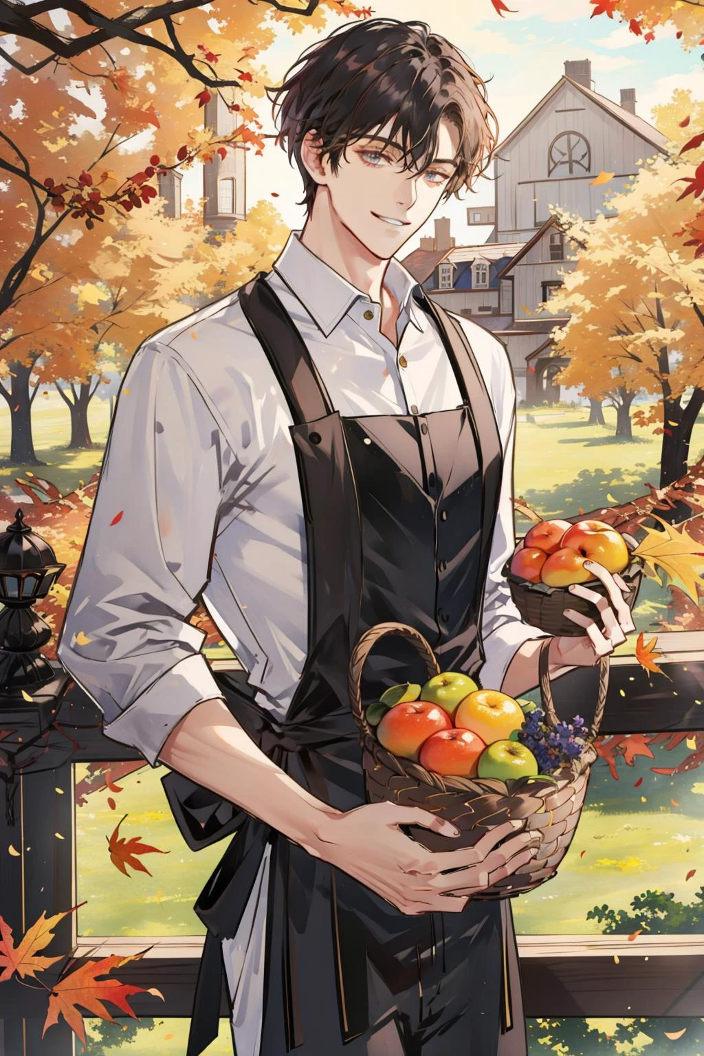 masterpiece, best quality, 1 male, adult, handsome, tall muscular guy, broad shoulders, finely detailed eyes and detailed face, extremely detailed CG unity 8k wallpaper, intricate details, autumn, farm, orchard, fruit trees, sunlight, warm scene, unformal casual clothes, old apron, leather jumpsuit, The man is smiling with a basket full of fruit, depth of field