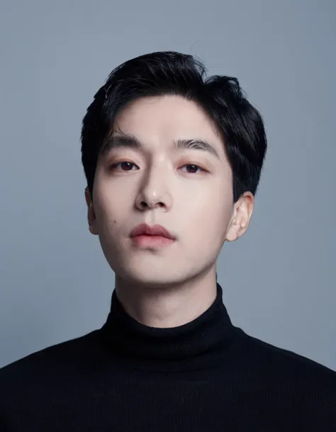 a man in a black turtle neck sweater looking at the camera