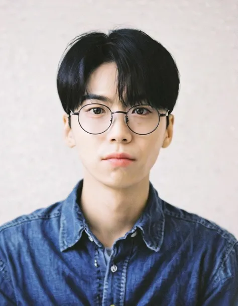 East Asian man, young adult, black hair, round glasses, looking at camera, neutral expression, denim shirt, close-up, plain background, soft lighting, headshot, film grain, soft focus, pensive look, portrait photography, natural skin tone, indoors