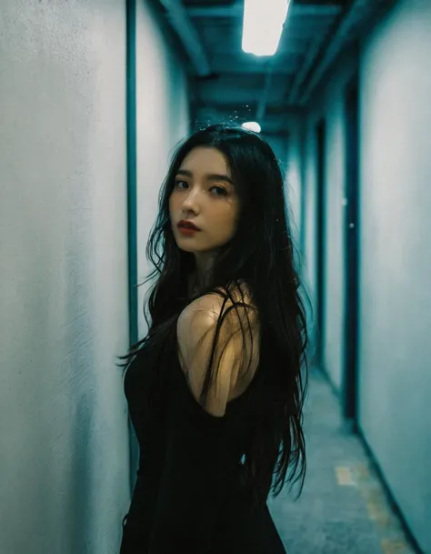 a woman in a black dress standing in a hallway