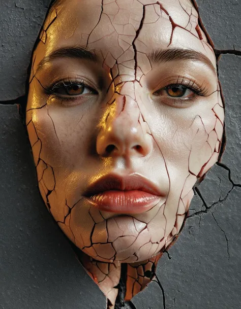 a close up of a woman's face with a cracked wall