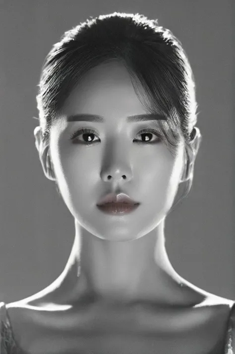 a black and white photo of a woman with a very big face