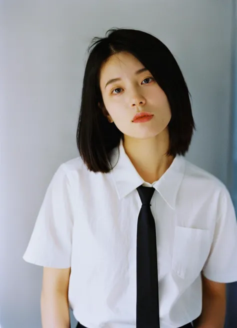 Film photography,Kodak 400 shooting,
a young woman with short,straight hair,wearing a white shirt and a black tie,She has a neutral expression and is positioned against a muted gray background,