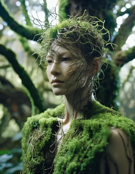 a woman with moss on her head and a green coat