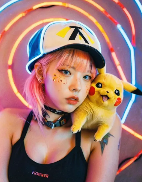 a close up of a person holding a stuffed animal in front of a neon spiral