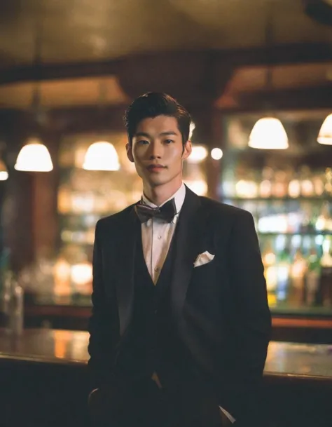 arafed man in a tuxedo standing in front of a bar