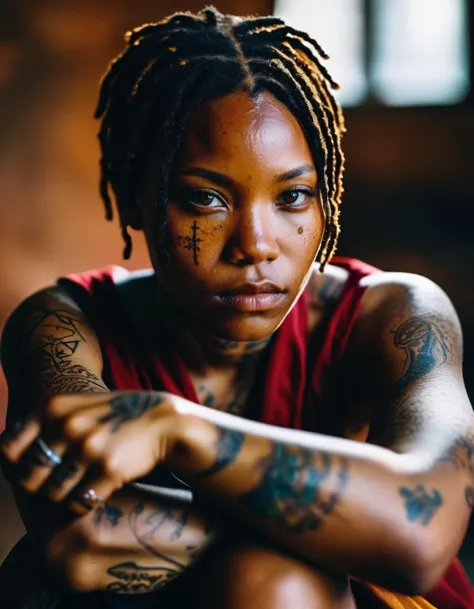 Portrait of a young African woman in a monk's robe,intense eyes,battle scars,tattoos,weapons,angry,looking into the camera,high contrast,masterpiece,dramatic lighting,ultra-realistic,colorful,depth of field,bokeh,cinematic,wide angle.,